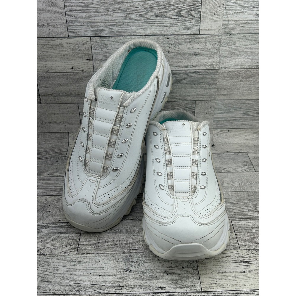 Skechers D'Lites White Leather Mules Clogs Comfort Walking Shoes Women's Size 10